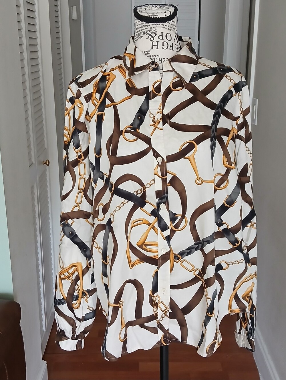 Lauren Ralph Lauren White Button-Down Shirt with Brown, Black & Gold Chain Print